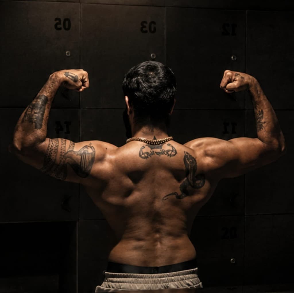 Back double-biceps pose showing strength and detailed back tattoos